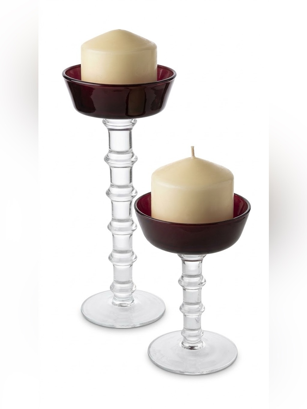NWOT Burgundy Clear Glass Candlestick Holders Set of 2